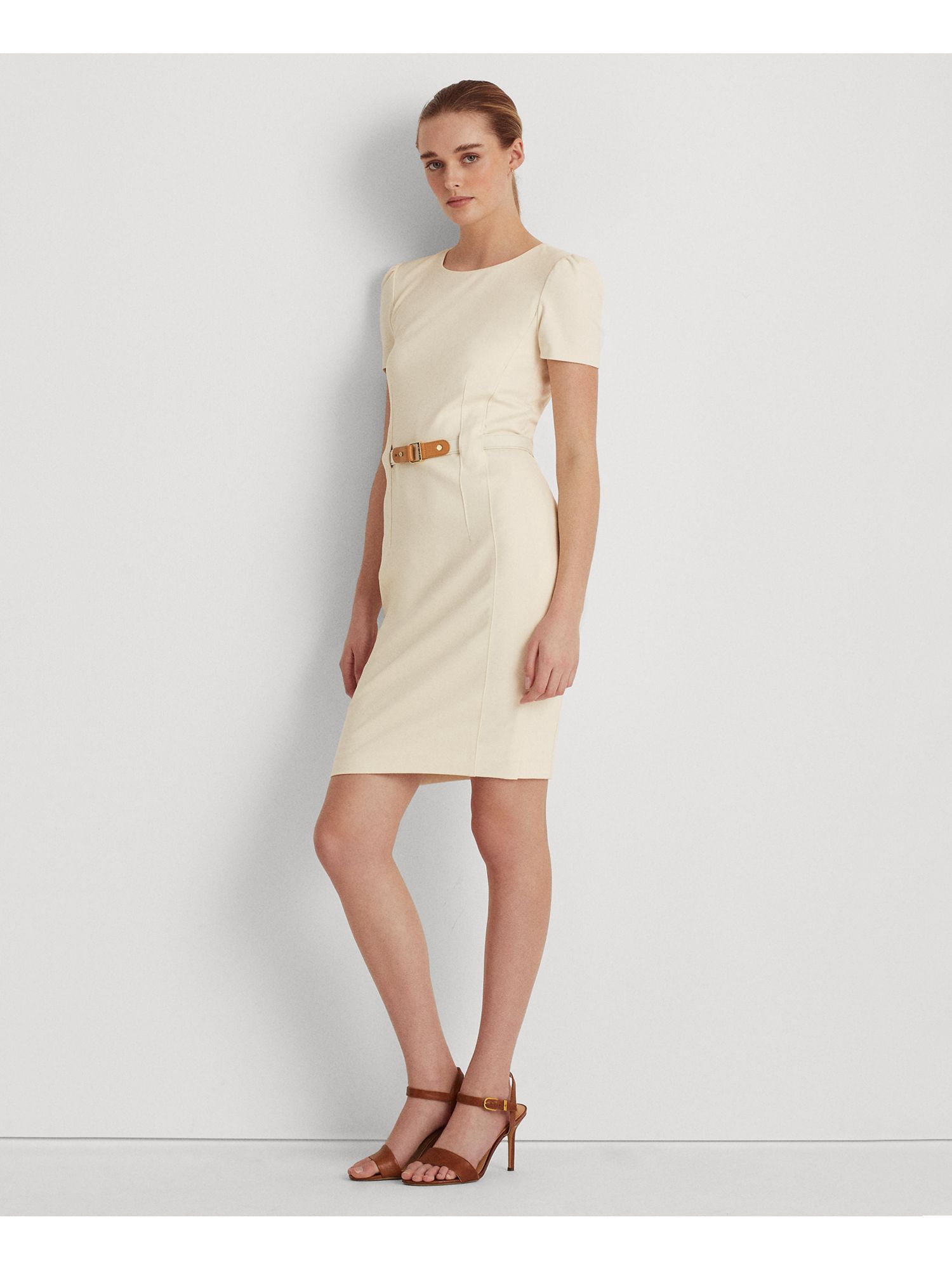 LAUREN RALPH LAUREN Womens Beige Belted Zippered Lined Pouf Sleeve Boat