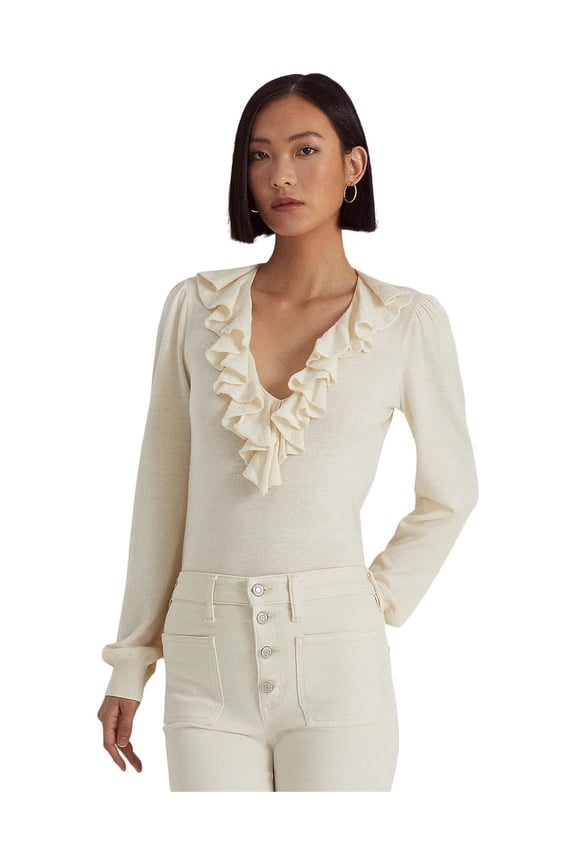 Womens Beige Ruffled Ribbed Trim Long Sleeve V Neck Wear To Work Sweater XL