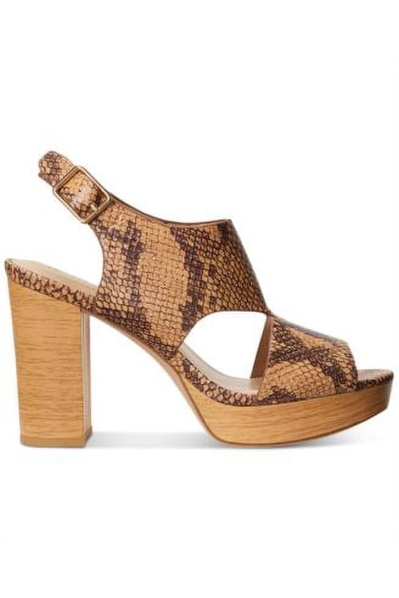 Womens Beige Snake 1" Platform Cut Out Feona Round Toe Block Heel Buckle Leather Dress Slingback Sandal 6.5 B