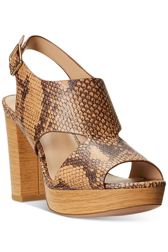 Womens Beige Snake 1" Platform Cut Out Feona Round Toe Block Heel Buckle Leather Dress Slingback Sandal 8.5