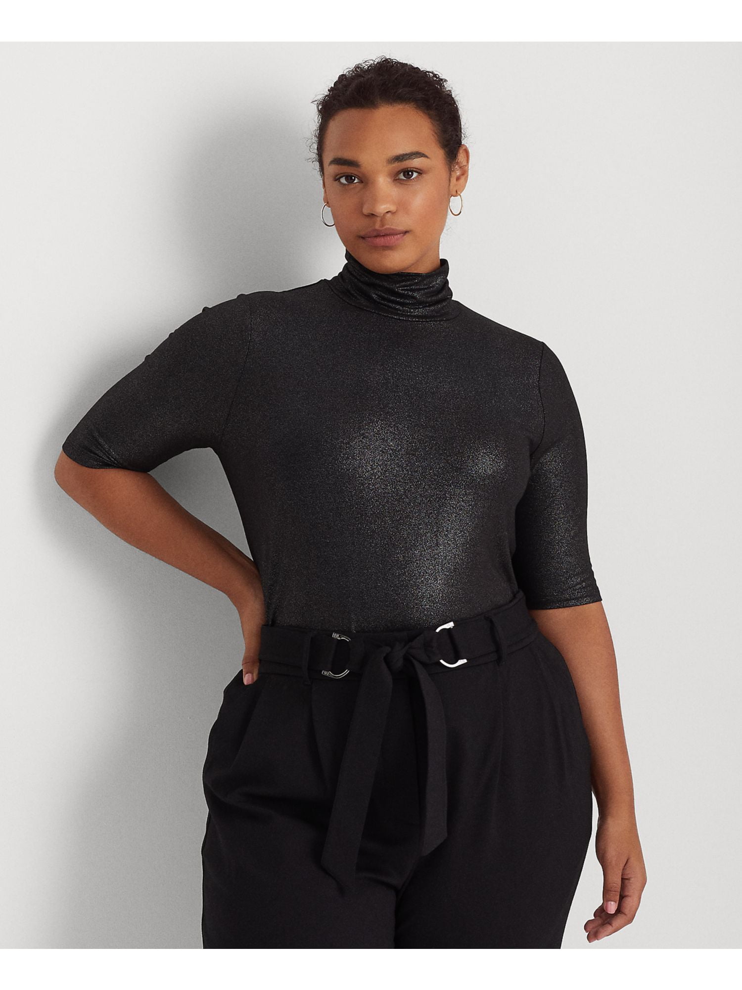 LAUREN RALPH LAUREN Womens Black Jersey Metallic Elbow Sleeve