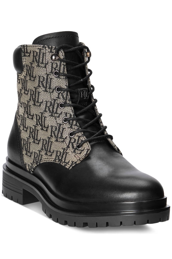 Womens Black Logo Lug Sole Padded Carlee Round Toe Block Heel Lace-Up Leather Booties 9.5 B