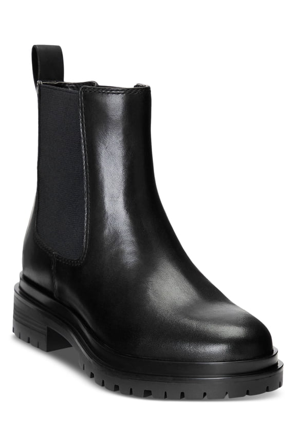 Womens Black Pull Tab Lug Sole Goring Padded Corinne Round Toe Block Heel Leather Booties 8