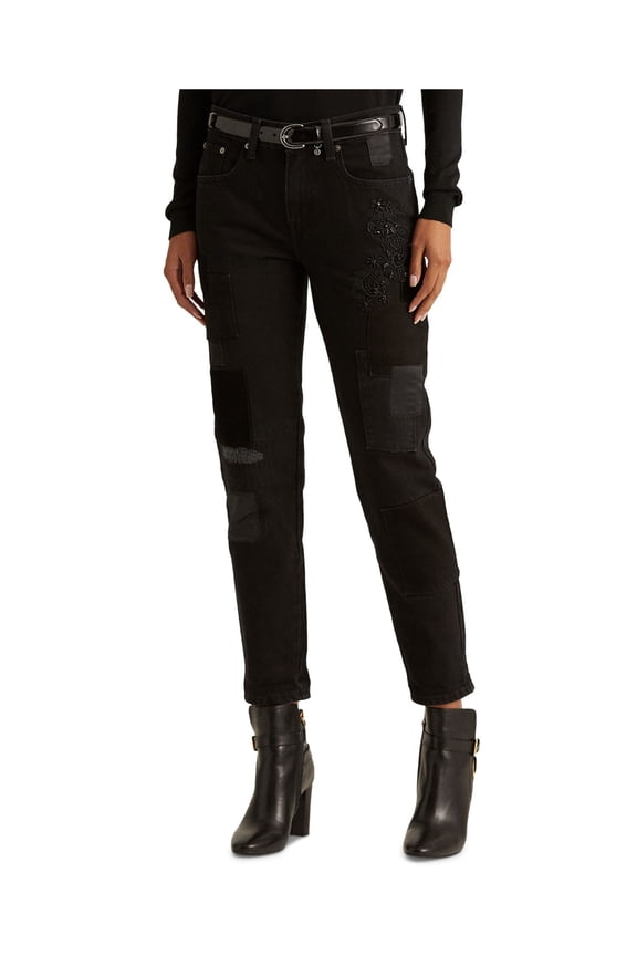 LAUREN RALPH LAUREN Womens Black Stretch Embellished Zippered Patchwork Tapered Leg Pocketed Cropped Jeans 14