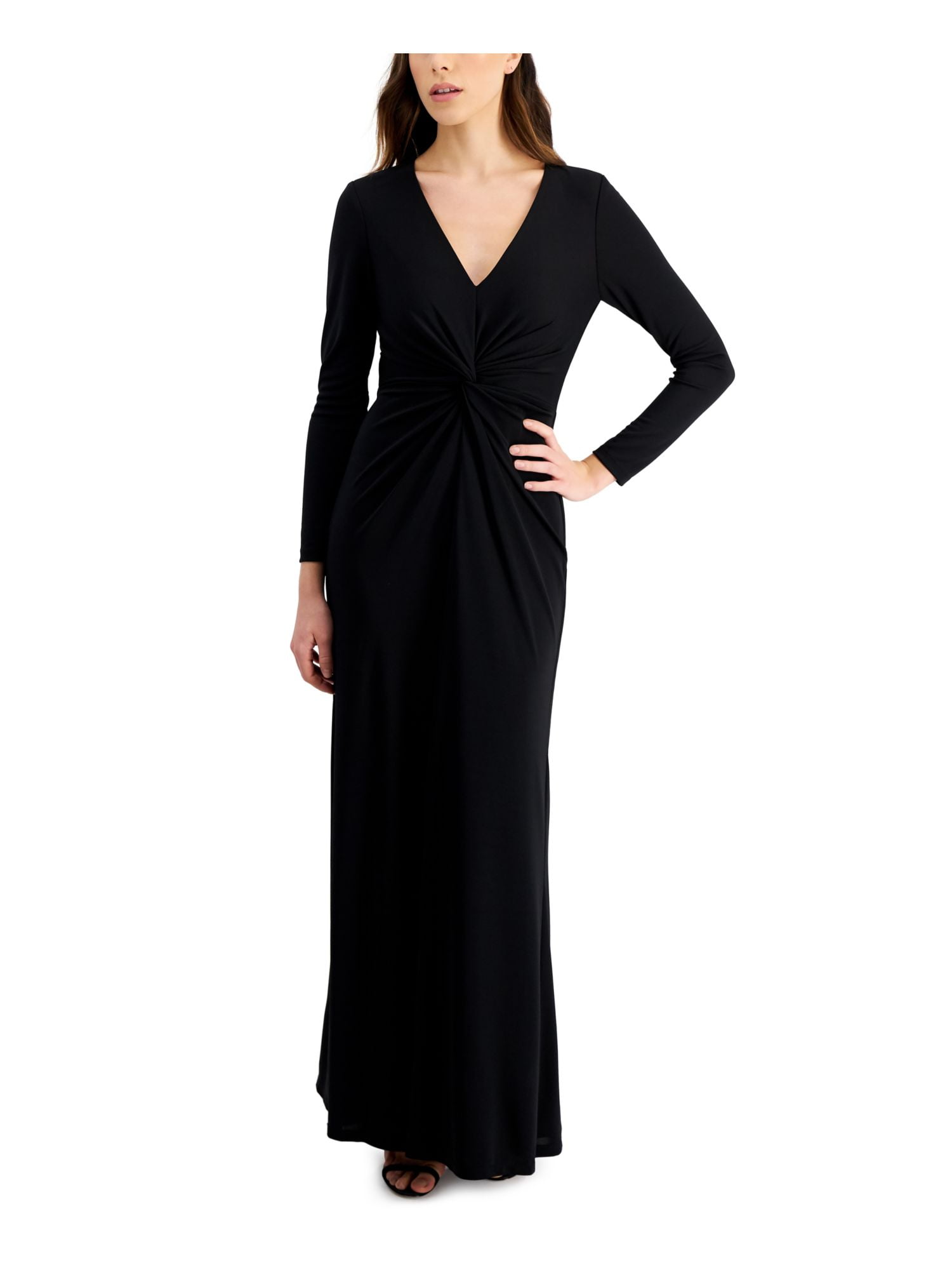 LAUREN RALPH LAUREN Womens Black Twist Front Zippered Lined Long Sleeve V  Neck Full-Length Evening Gown Dress 10 - Walmart.com