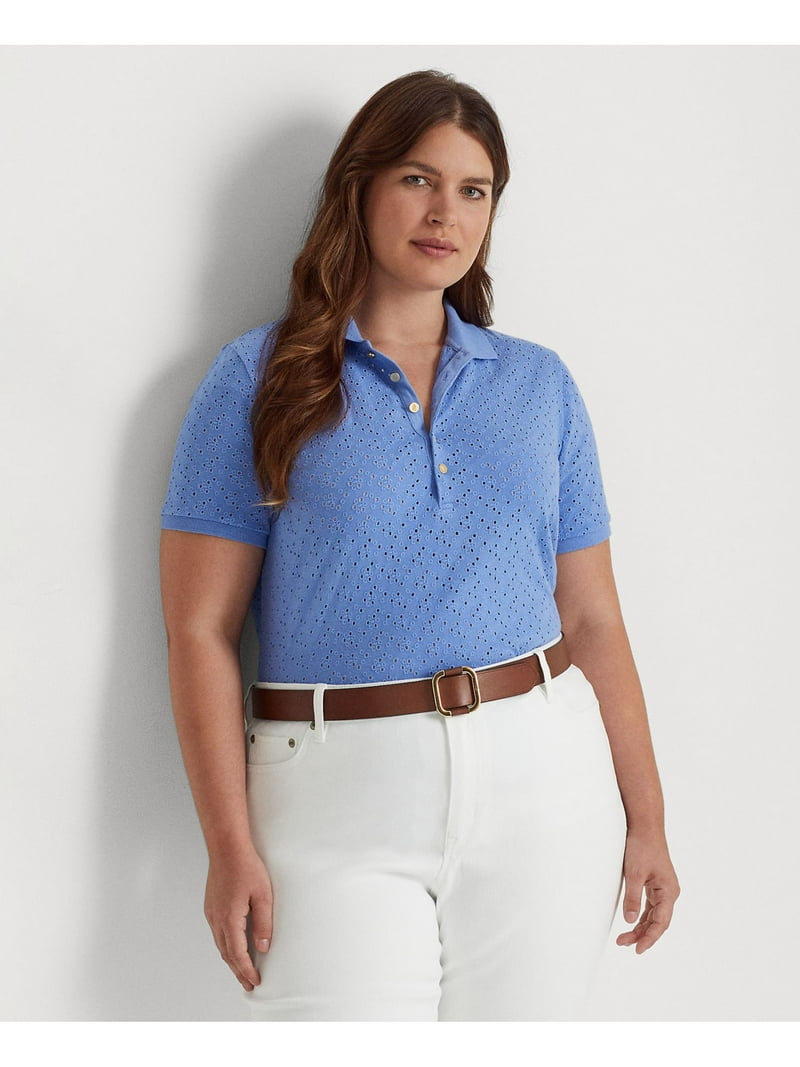 LAUREN RALPH LAUREN Womens Blue Eyelet Ribbed Trim Logo Button