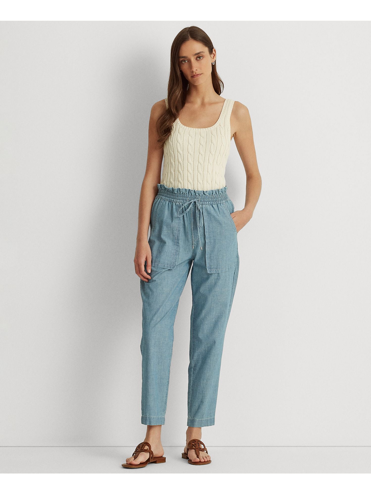 LAUREN RALPH LAUREN Womens Blue Pocketed Smocked Elastic Waist Drawstring High Waist Pants 10 Walmart