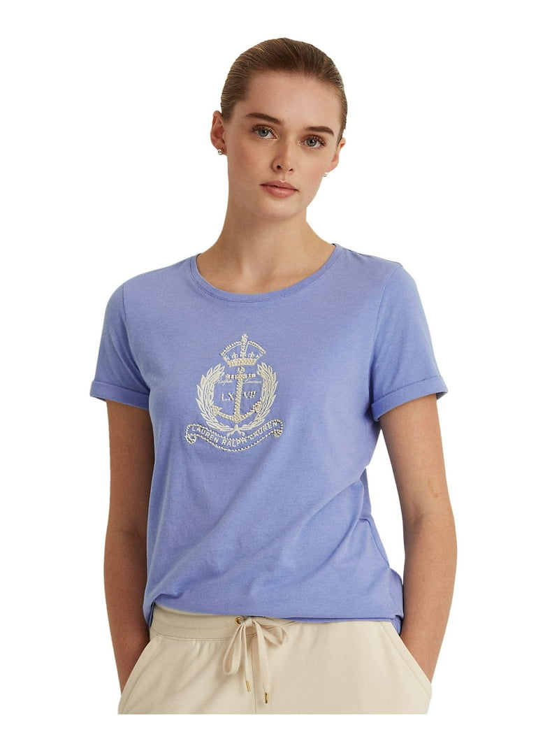 LAUREN RALPH LAUREN Womens Blue Short Sleeve Crew Neck T-Shirt XS