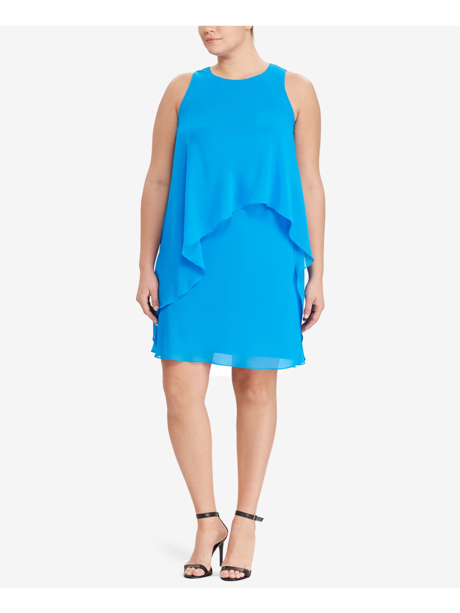 LAUREN RALPH LAUREN Womens Blue Sleeveless Jewel Neck Below The Knee