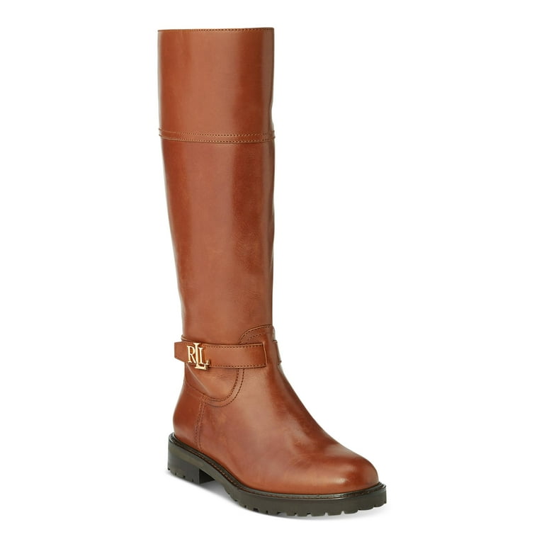 LAUREN RALPH LAUREN Womens Brown Buckle Accent Zipper Accent Everly Block Heel Leather Riding Boot 7.5 B Walmart