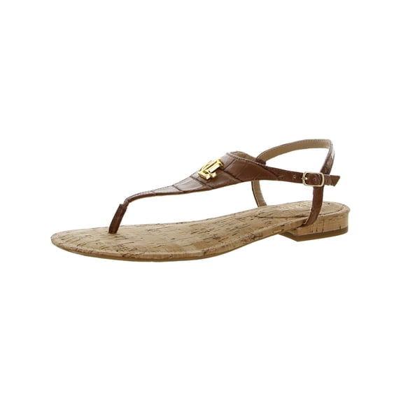 LAUREN RALPH LAUREN Womens Brown Crocodile Padded Logo Ellington Round Toe Block Heel Buckle Thong Sandals Shoes 6.5