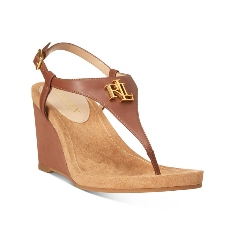 LAUREN RALPH LAUREN Womens Brown Logo Hardware Padded Adjustable Strap Jeannie Round Toe Wedge Buckle Heeled Thong Sandals 10 B Walmart