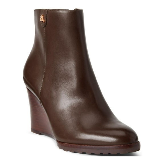 LAUREN RALPH LAUREN Womens Brown Shaley Round Toe Wedge Zip-Up Leather Booties 6