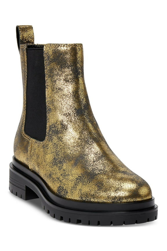 Womens Gold Distressed Lug Sole Goring Corinne Round Toe Block Heel Booties 5.5 B