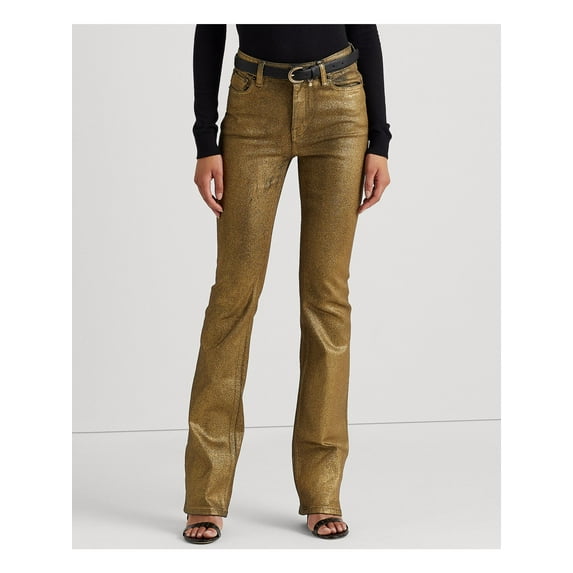 LAUREN RALPH LAUREN Womens Gold Glitter Pocketed High Rise Button Front Zippered Cocktail Boot Cut Jeans 12