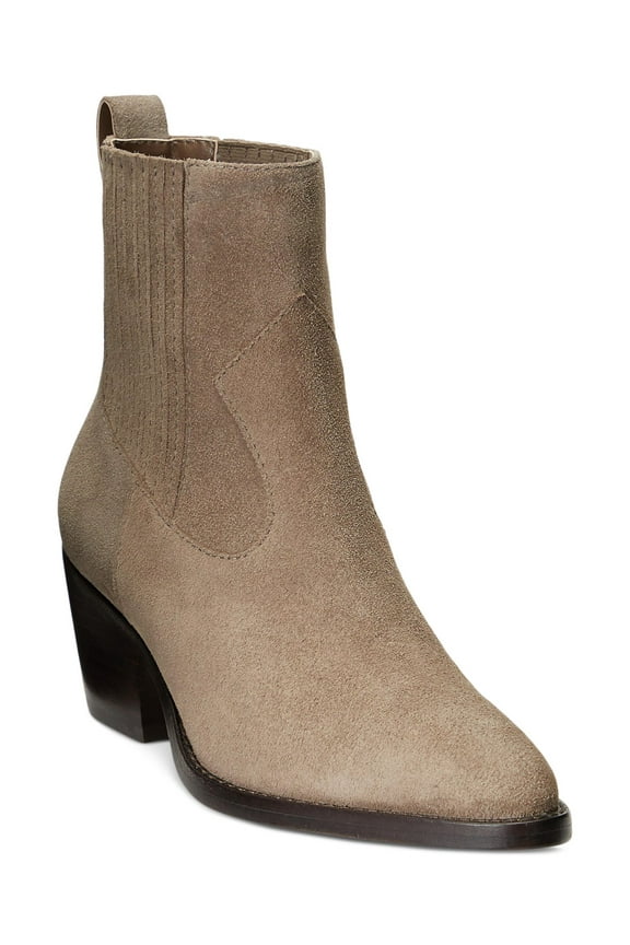 Womens Gray Back Pull-Tab Western-Inspired Goring Padded Racquel Pointed Toe Stacked Heel Leather Booties 10 B