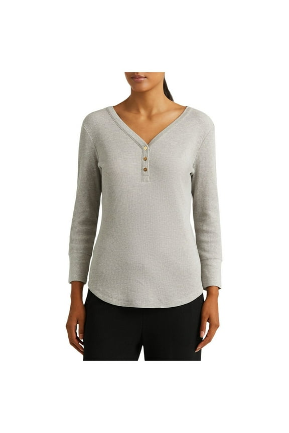 Womens Gray Cotton Ribbed Button Placket Curved Hem Cuff Long Sleeve V Neck Top XL