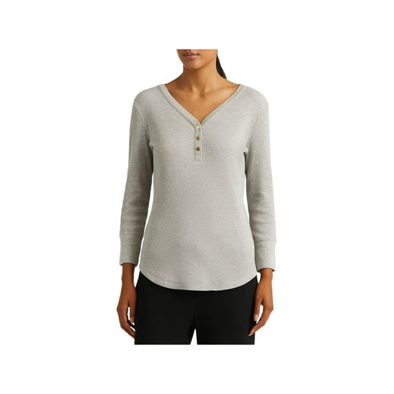 LAUREN RALPH LAUREN Womens Gray Cotton Ribbed Button Placket Curved Hem Cuff Long Sleeve V Neck Top XL