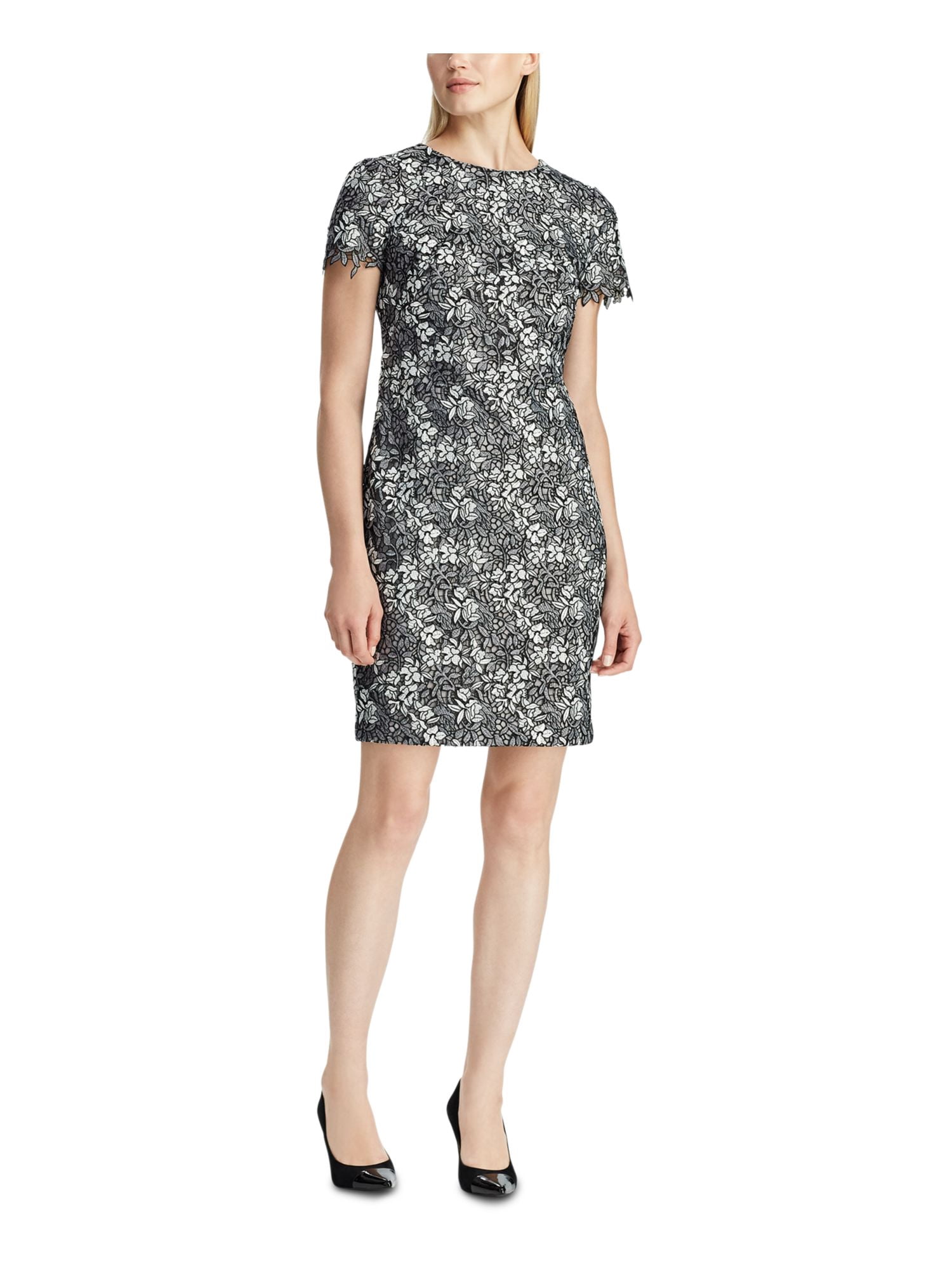 LAUREN RALPH LAUREN Womens Gray Lace Floral Short Sleeve Jewel Neck ...
