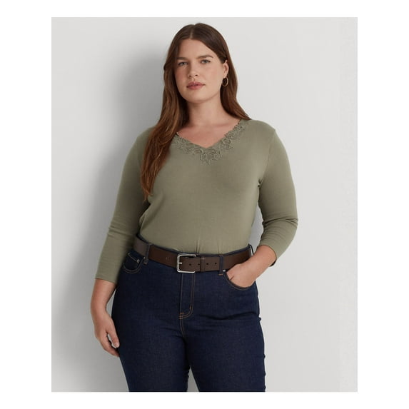 LAUREN RALPH LAUREN Womens Green Lace 3/4 Sleeve V Neck Top Plus 3X
