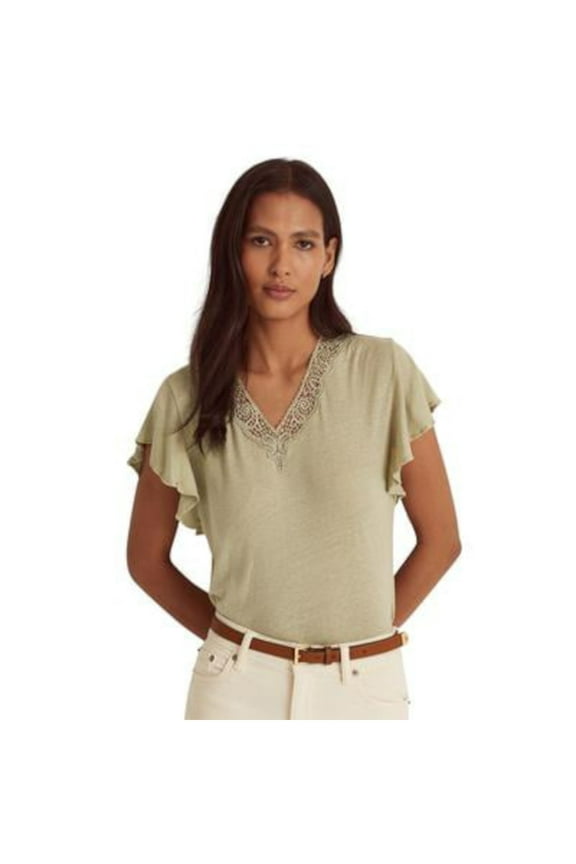 Womens Green Lace Flutter Sleeve V Neck Top L