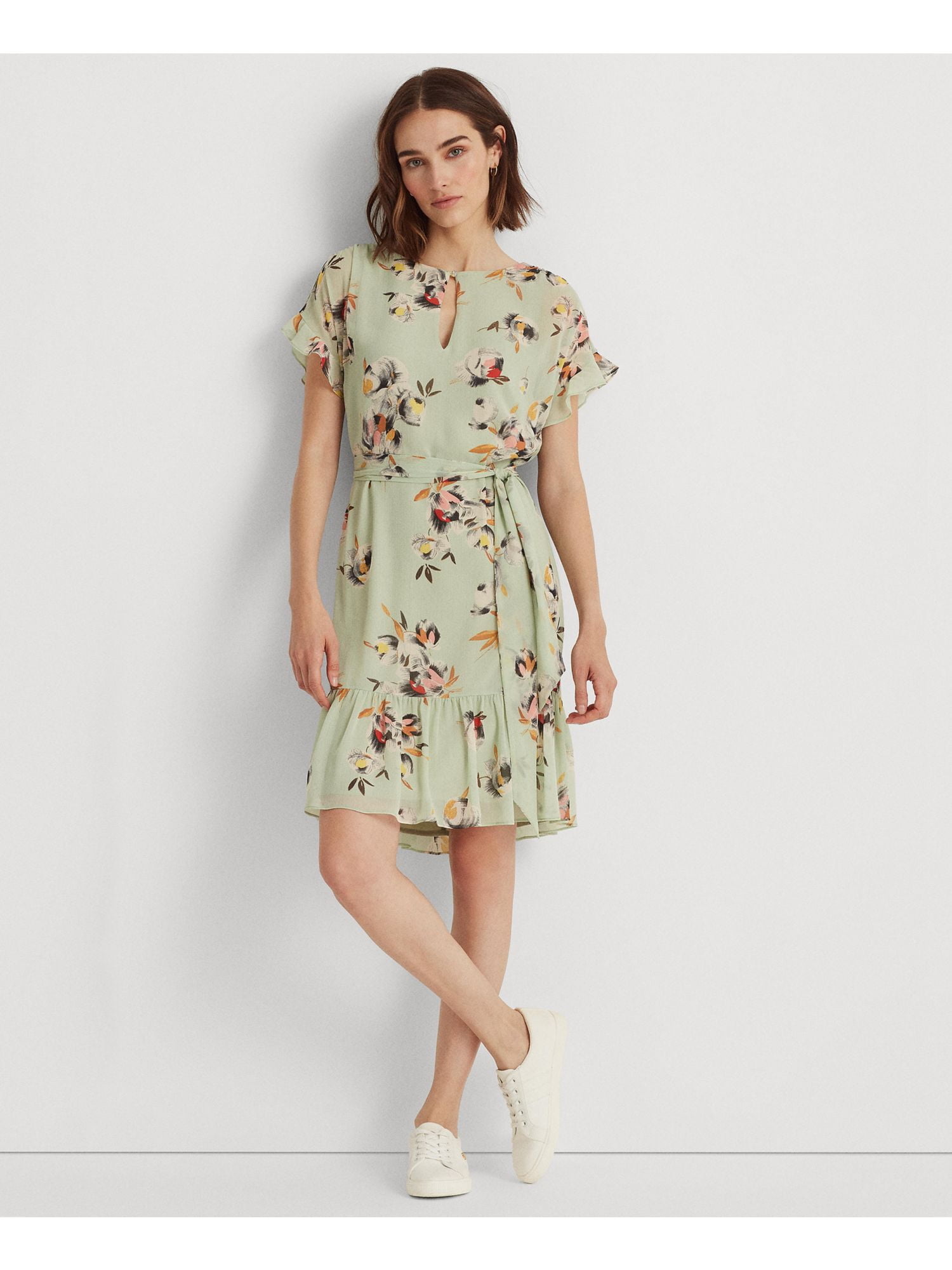 LAUREN RALPH LAUREN Womens Green Ruffled Sheer Self Tie Belt Lined Floral  Short Sleeve Keyhole Knee Length Shift Dress 14 - Walmart.com
