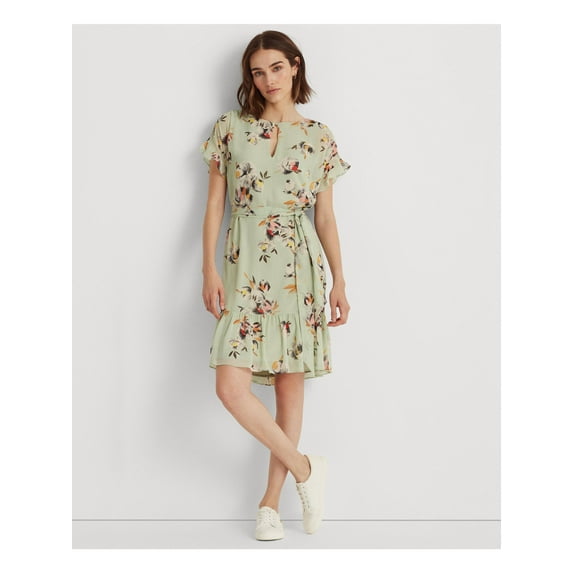 LAUREN RALPH LAUREN Womens Green Ruffled Sheer Self Tie Belt Lined Floral Short Sleeve Keyhole Knee Length Shift Dress 14