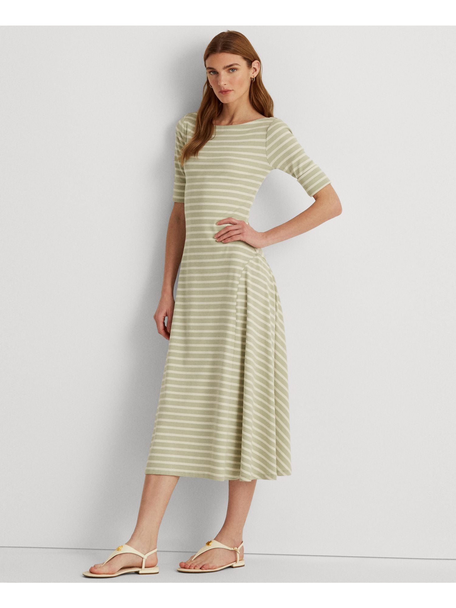 LAUREN RALPH LAUREN Womens Green Striped 3/4 Sleeve Boat Neck Midi Fit + Flare  Dress XL - Walmart.com