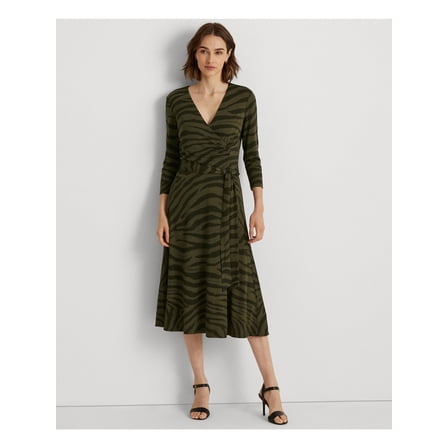 LAUREN RALPH LAUREN Womens Green Tie Pleated Pullover Animal Print 3/4 Sleeve Surplice Neckline Midi Fit + Flare Dress 0