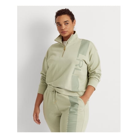 LAUREN RALPH LAUREN Womens Green Zippered Dropped Shoulder Ribbed Cuffs Sweatshirt Plus 3X