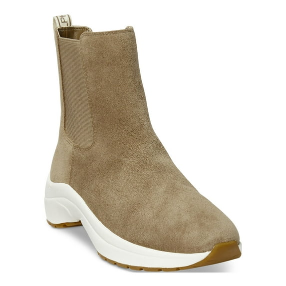 LAUREN RALPH LAUREN Womens Grey Brown Color Block Logo Back Tape With Pull Tab Cushioned Goring Rylee Almond Toe Block Heel Leather Boots Shoes 8.5