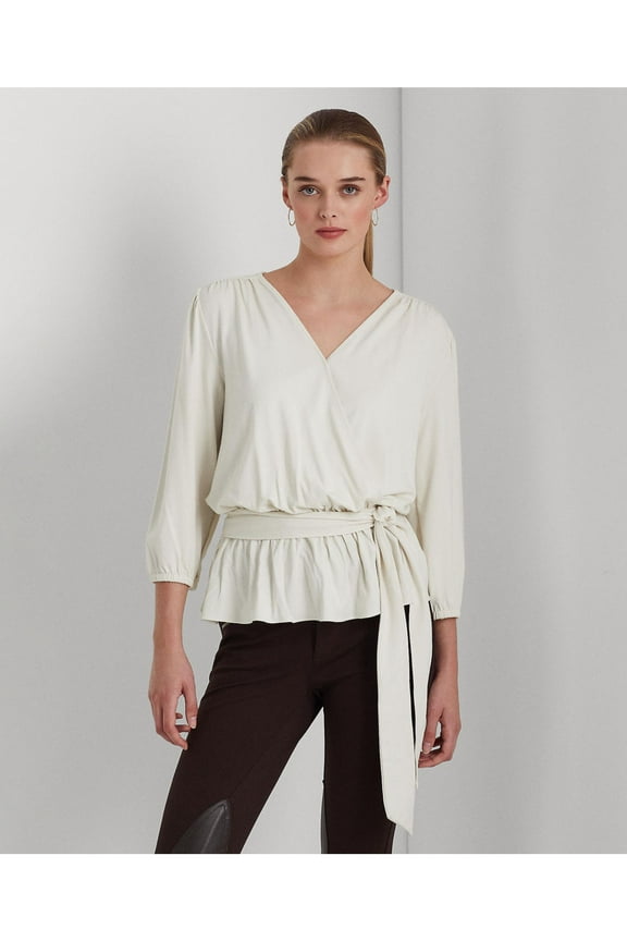 Womens Ivory 3/4 Sleeve Surplice Neckline Peplum Top S