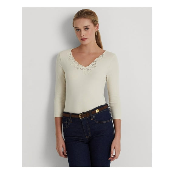 LAUREN RALPH LAUREN Womens Ivory Embroidered Lace V-neck 3/4 Sleeve V Neck T-Shirt L