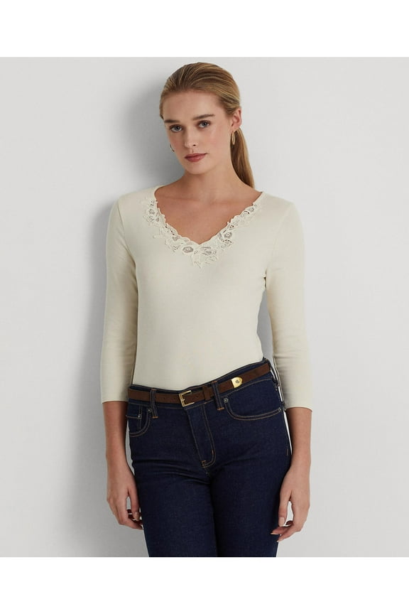 LAUREN RALPH LAUREN Womens Ivory Embroidered Lace V-neck 3/4 Sleeve V Neck T-Shirt L