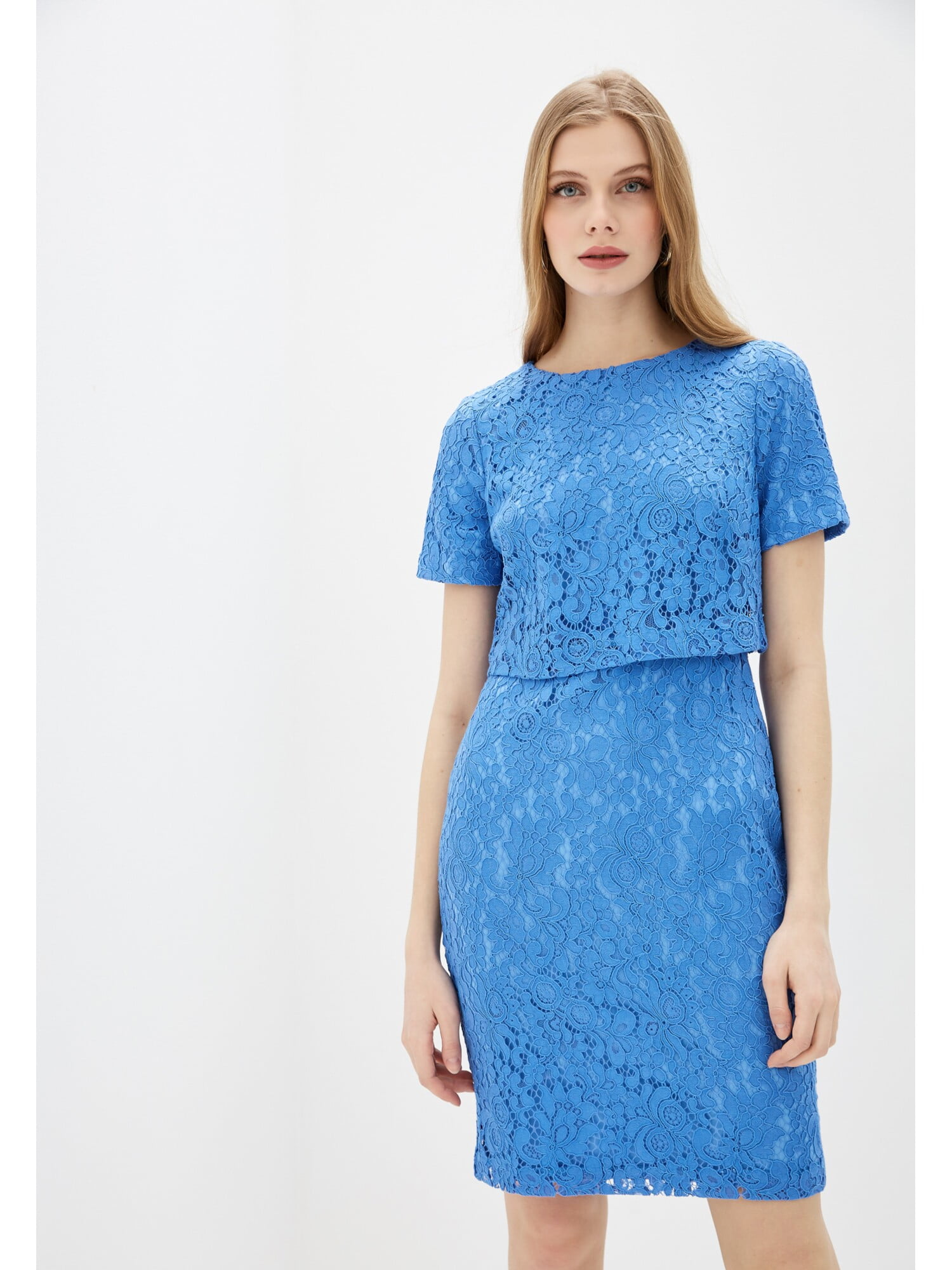 Lauren Ralph Lauren Womens Light Blue Zippered Lace Popover Short Sleeve Crew Neck Above The Knee Cocktail Sheath Dress 4