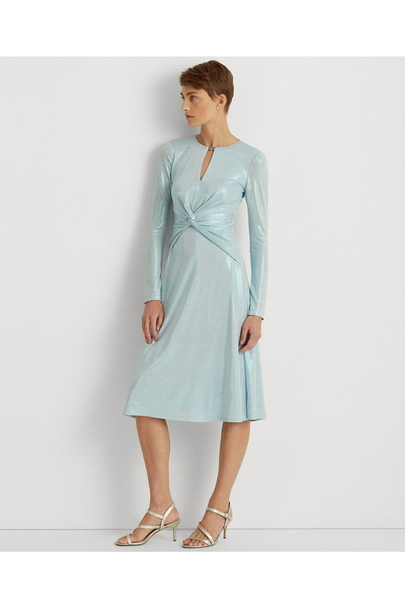 Womens Light Blue Zippered Twist Front Lined Logo Plaque Long Sleeve Keyhole Below The Knee Cocktail A-Line Dress 16