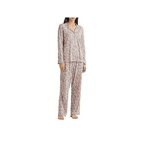LAUREN RALPH LAUREN Womens Long Sleeve Notch Collar Pajama Set Size X-Small Color Ivory, Red