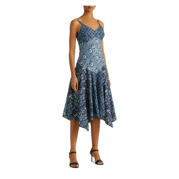 LAUREN RALPH LAUREN Womens Navy Adjustable Zippered Handkerchief Hem Partially Lined Printed Spaghetti Strap V Neck Tea-Length A-Line Dress 14