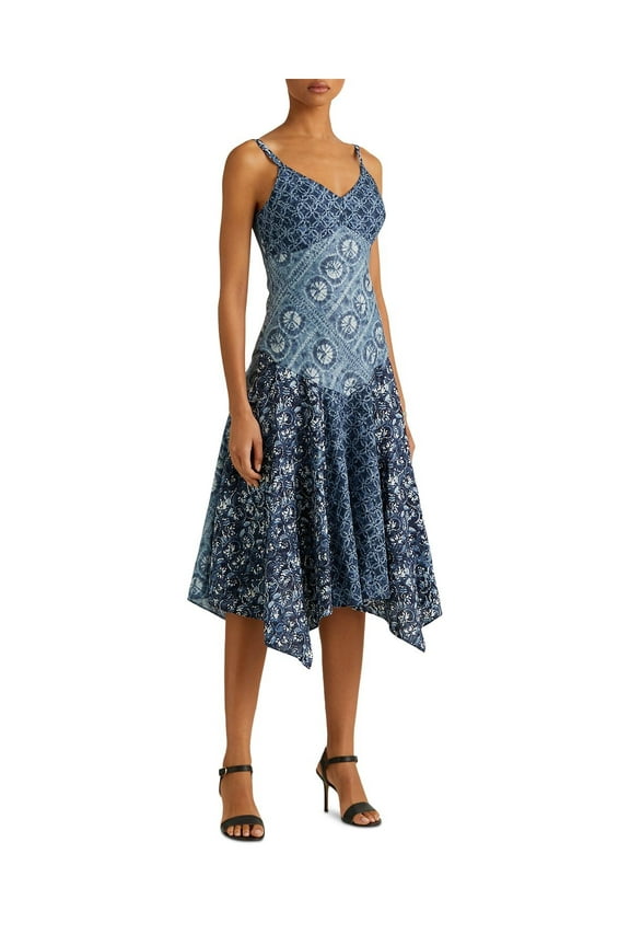 Womens Navy Adjustable Zippered Handkerchief Hem Partially Lined Printed Spaghetti Strap V Neck Tea-Length A-Line Dress 14