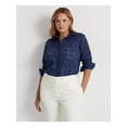 thumbnail image 1 of LAUREN RALPH LAUREN Womens Navy Eyelet Shirttail Hem Long Sleeve Point Collar Wear To Work Button Up Top Plus 1X, 1 of 4