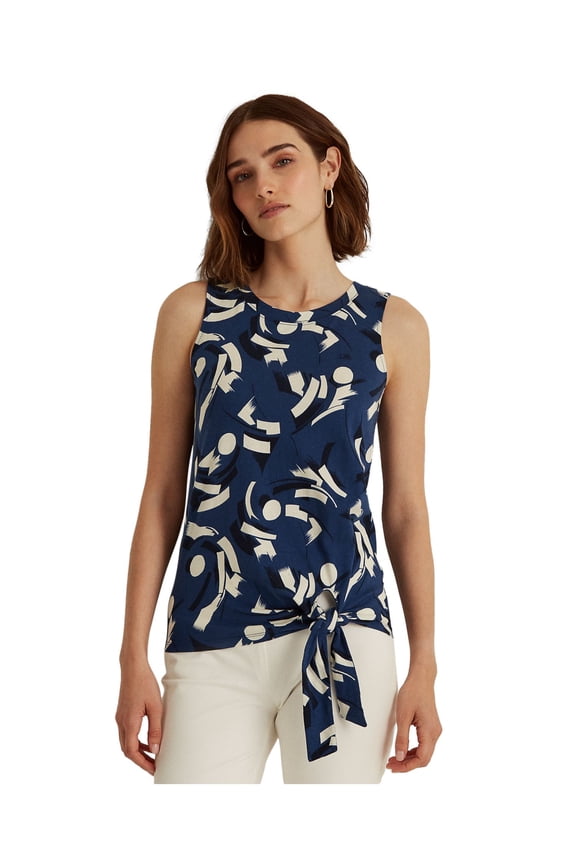 Womens Navy Geometric Sleeveless Crew Neck Tank Top S