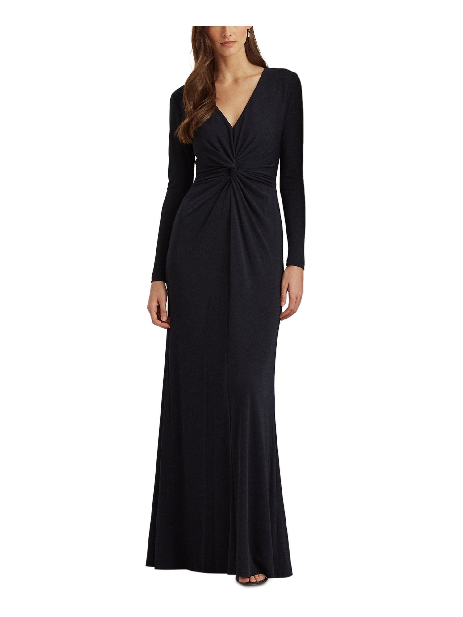 LAUREN RALPH LAUREN Womens Navy Jersey Zippered Fitted Front Twist Detail  Lined Long Sleeve V Neck Full-Length Evening Gown Dress 12 - Walmart.com