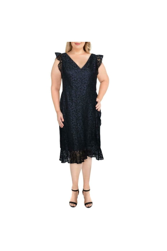 Womens Navy Lace Glitter Cap Sleeve V Neck Midi Formal Sheath Dress 10