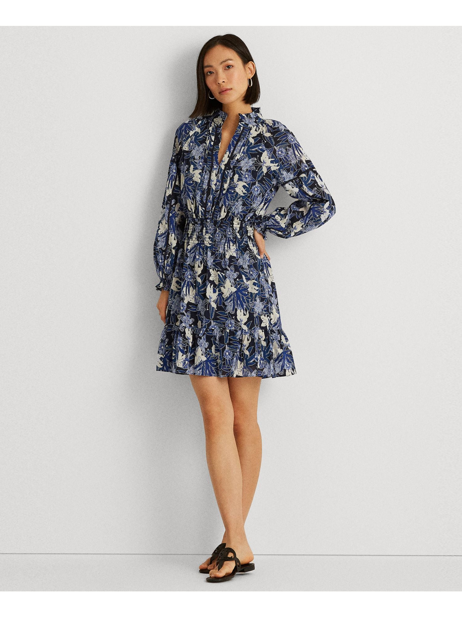RALPH LAUREN FLORAL SLEEVE ワンピース NAVY LAUREN Ralph Lauren, Navy, Lined Ruched Ruffle Dress, Floral