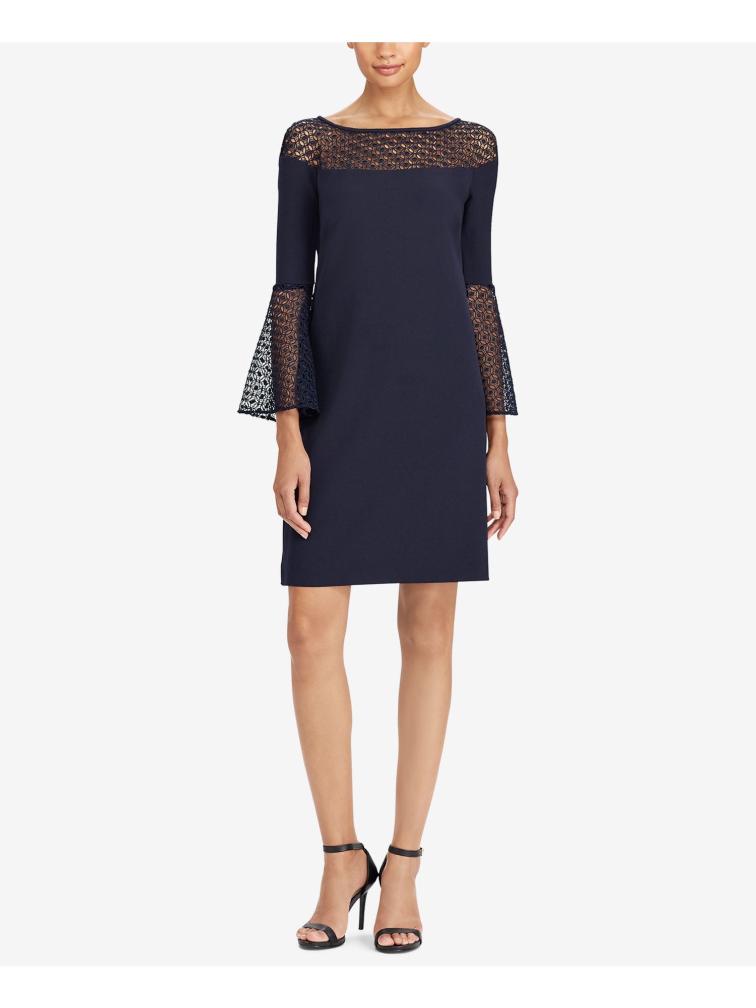 LAUREN RALPH LAUREN Womens Navy Sequined Lace Trim Jersey Floral Bell  Sleeve Jewel Neck Above The Knee Evening Sheath Dress 4 - Walmart Business  Supplies
