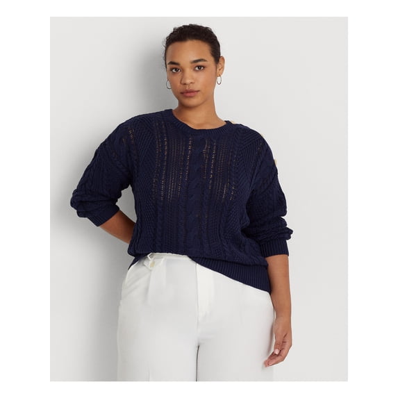 LAUREN RALPH LAUREN Womens Navy Sheer Button Detail Drop Shoulders Long Sleeve Crew Neck Sweater Plus 3X