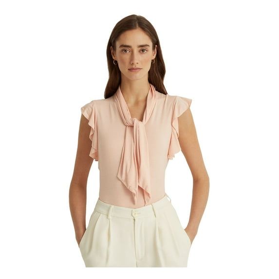 LAUREN RALPH LAUREN Womens Pink Flutter Sleeve Tie Neck Top M