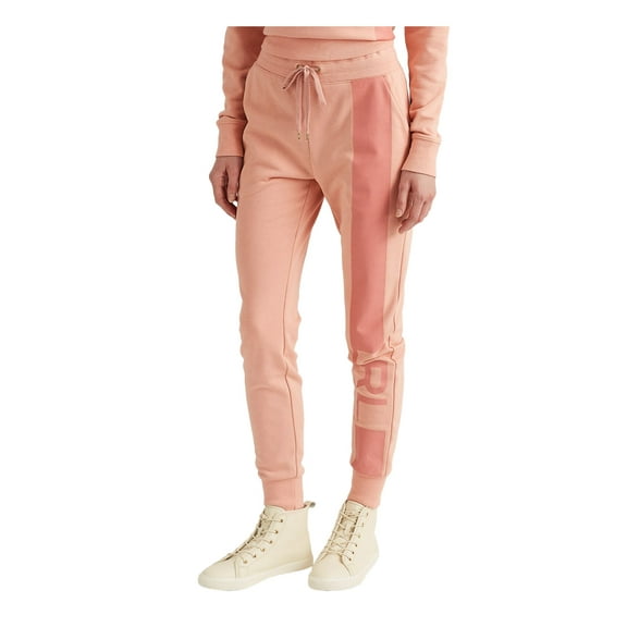 LAUREN RALPH LAUREN Womens Pink Pocketed Ribbed Elastic Waist Drawstring Logo Graphic Cuffed Pants M
