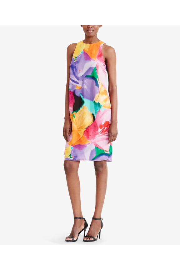 Womens Pink Ruffled Wrap Front Printed Sleeveless Crew Neck Above The Knee Party Sheath Dress 4