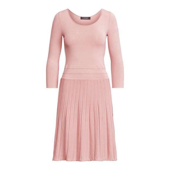 LAUREN RALPH LAUREN Womens Pink Textured Ribbed Partially Lined 3/4 Sleeve Scoop Neck Knee Length Fit + Flare Dress XL